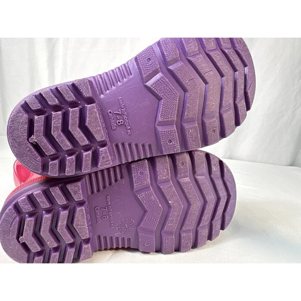Kids Pink Rubber Rain Boots Purple Sole Mid-Calf Pull On Size 7-8